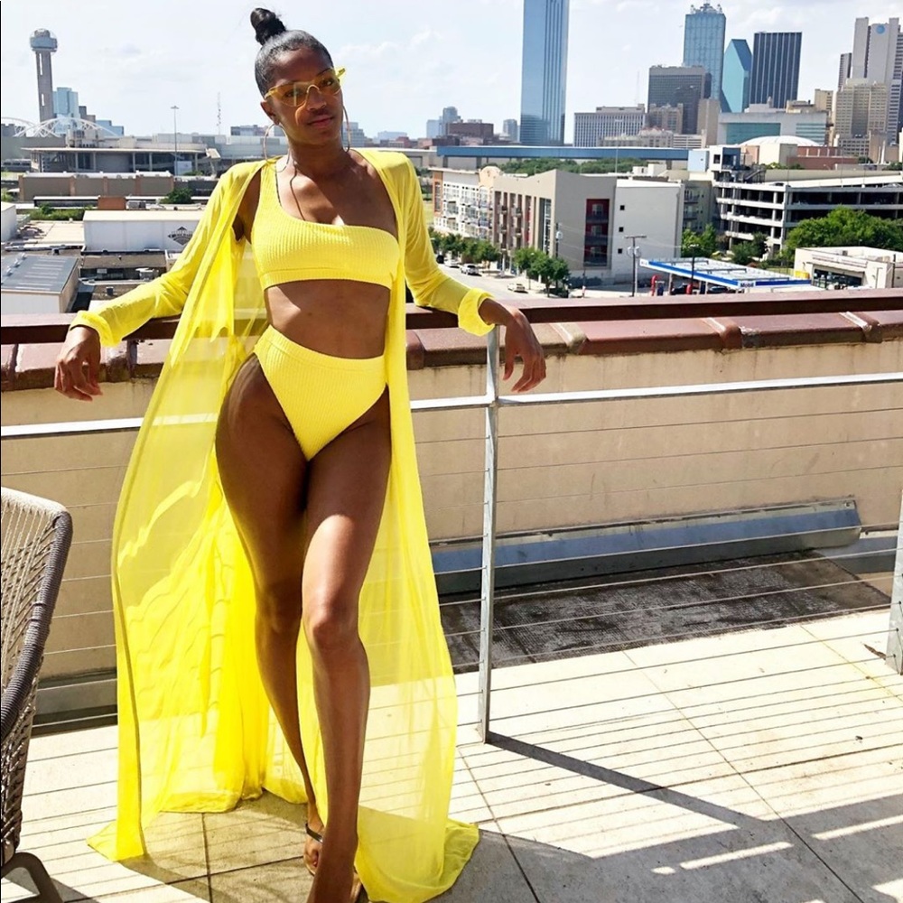 Yellow bathing suit and cover up